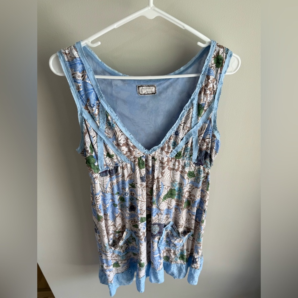 Free People Y2K Boho Floral Sleeveless Tunic Dress - Light Blue - Size Medium - Picture 5 of 16